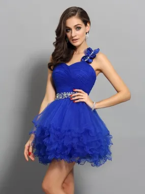 A-Line Organza One-Shoulder Sleeveless Short/Mini With Beading Dresses