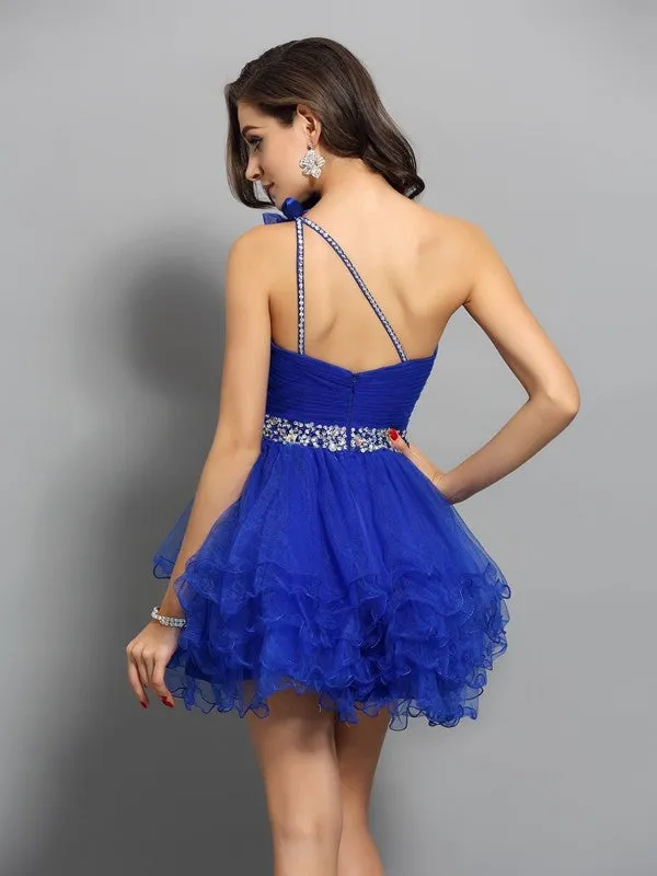 A-Line Organza One-Shoulder Sleeveless Short/Mini With Beading Dresses