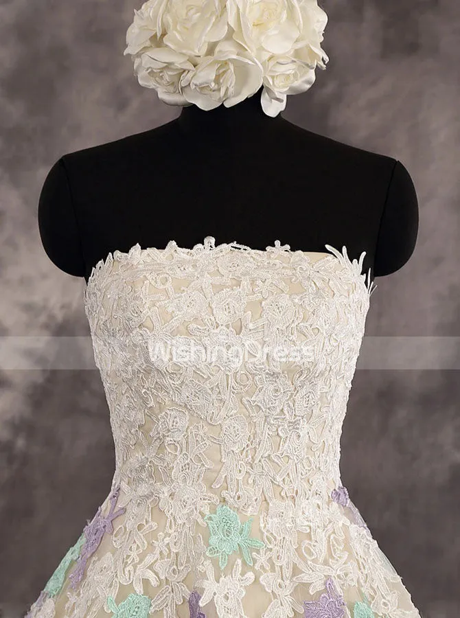 A-line Strapless Wedding Reception Dress,Lace Short Outdoor Wedding Dress,WD00552