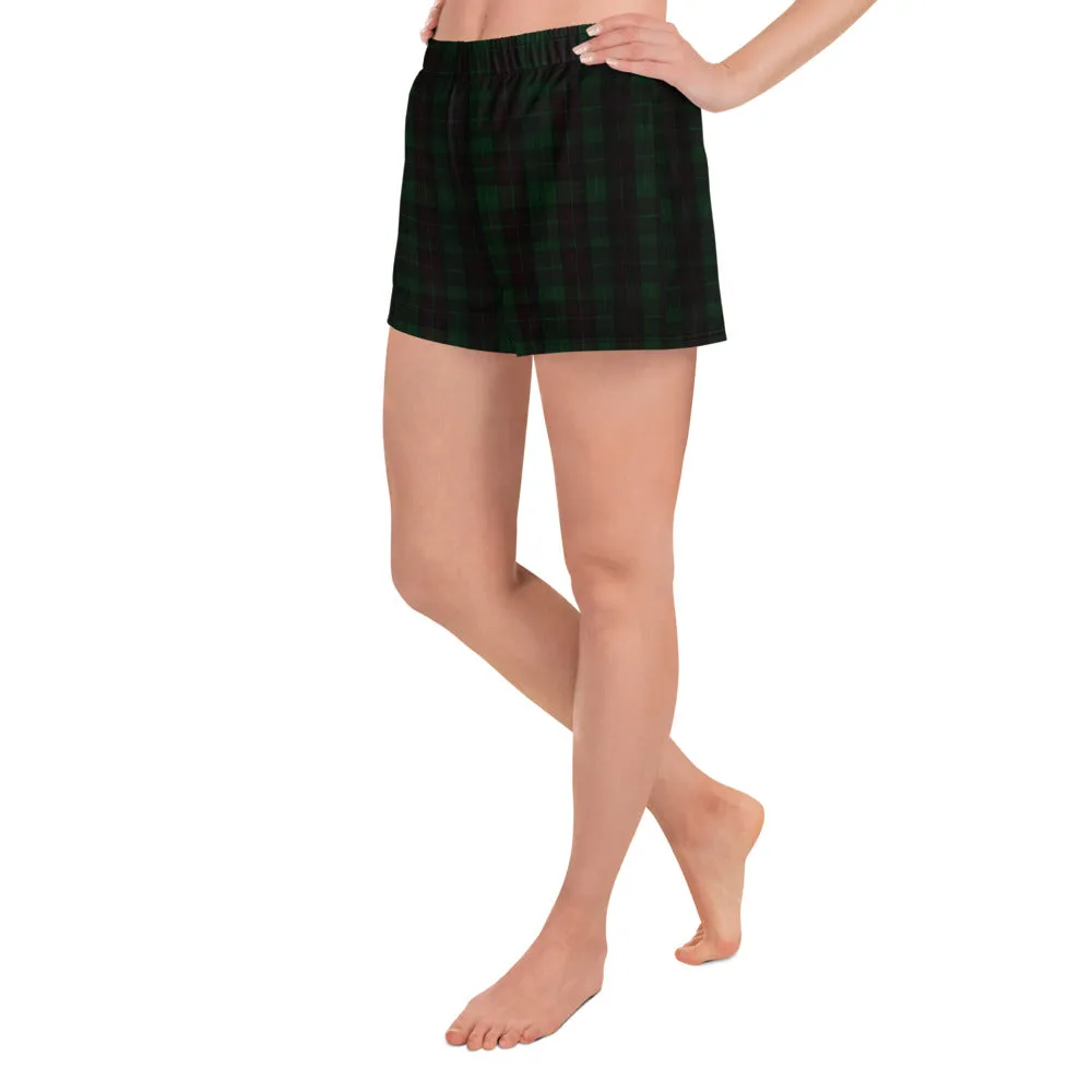 Dark Green Plaid Print Shorts, Scottish Tartan Print Women's Athletic Short Shorts-Made in EU