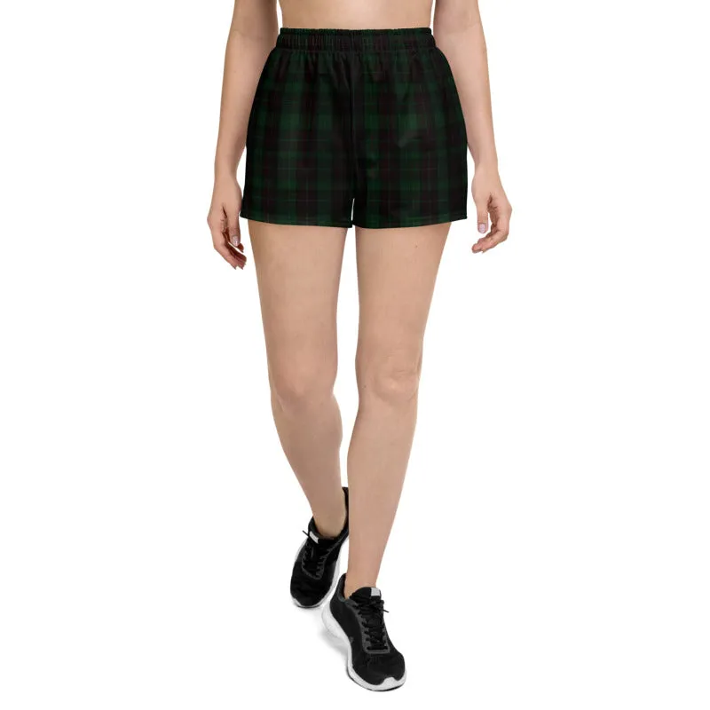 Dark Green Plaid Print Shorts, Scottish Tartan Print Women's Athletic Short Shorts-Made in EU