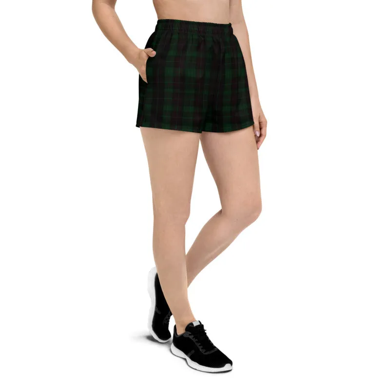Dark Green Plaid Print Shorts, Scottish Tartan Print Women's Athletic Short Shorts-Made in EU