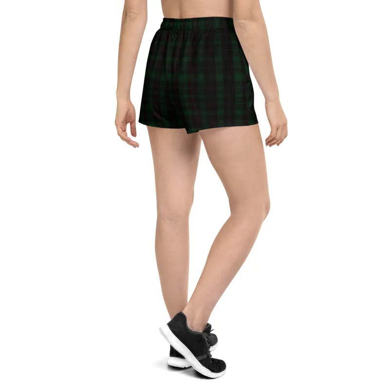 Dark Green Plaid Print Shorts, Scottish Tartan Print Women's Athletic Short Shorts-Made in EU