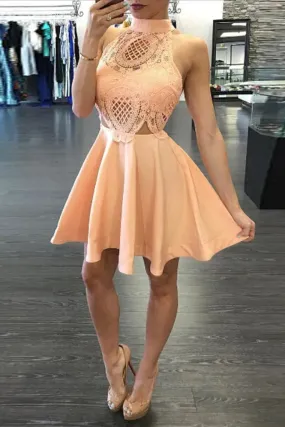 Homecoming Dresses High Neck A Line Satin With Applique Short/Mini