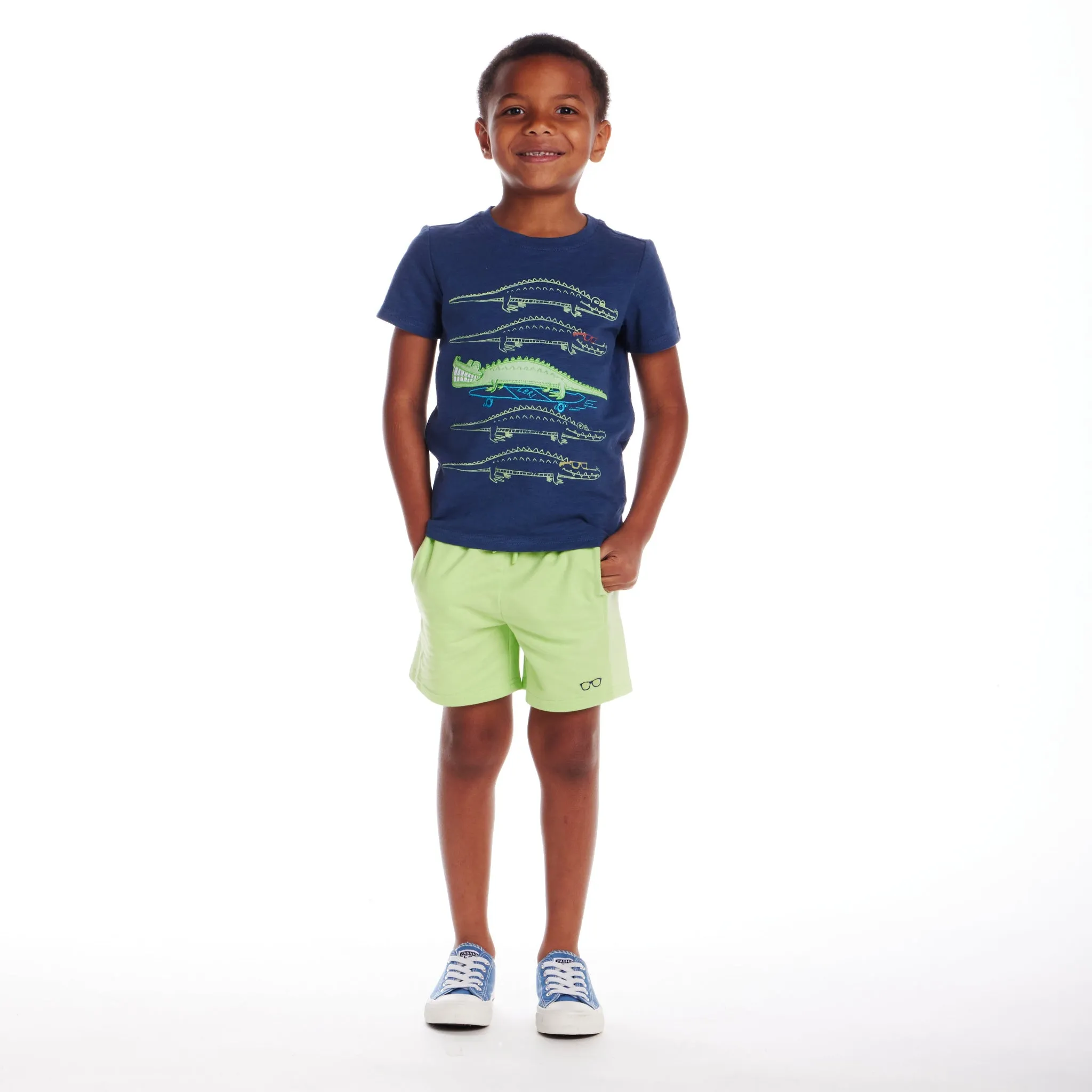 Kids (2-8) Applique Graphic Tee & French Terry Rib Short Set | Navy Slub Croc
