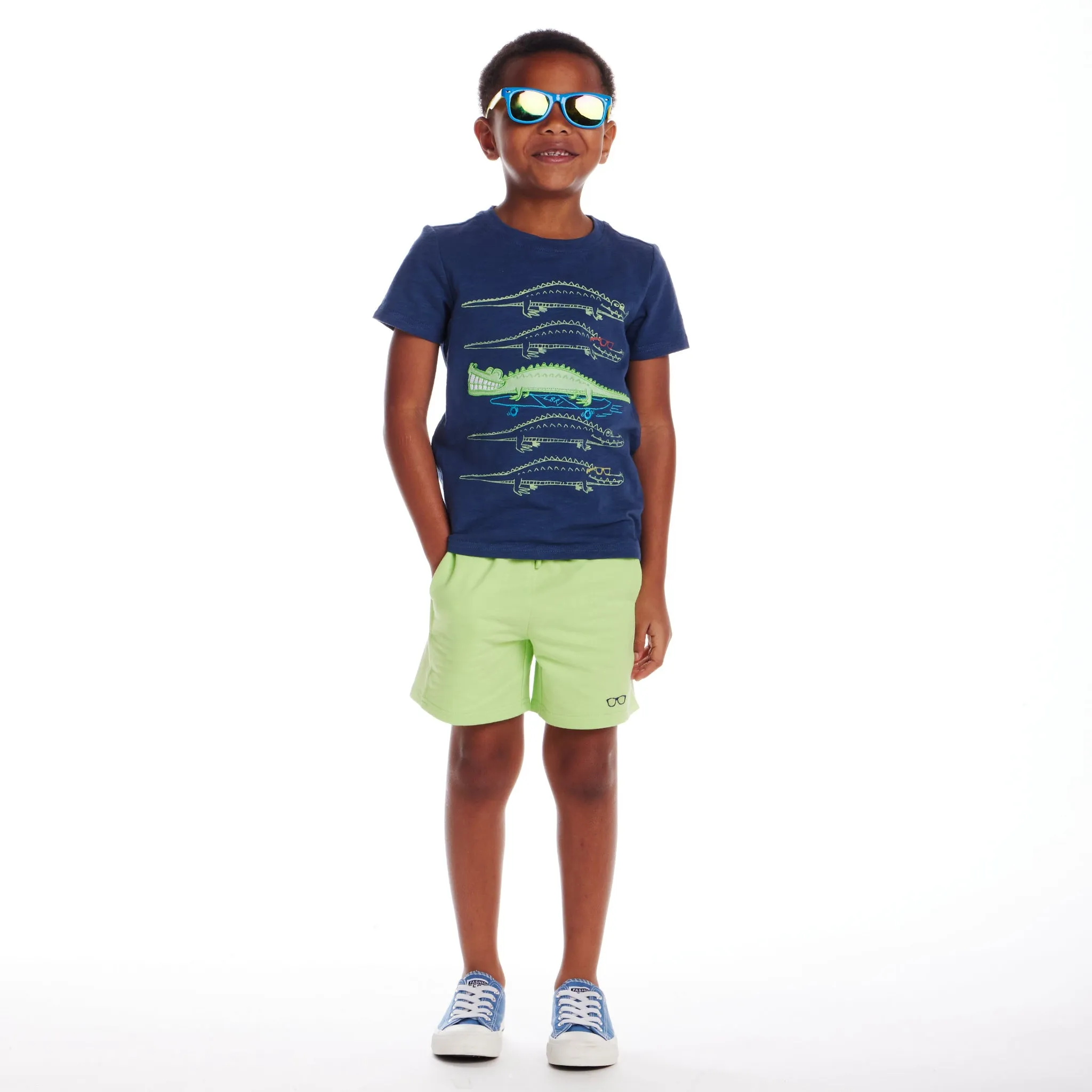 Kids (2-8) Applique Graphic Tee & French Terry Rib Short Set | Navy Slub Croc
