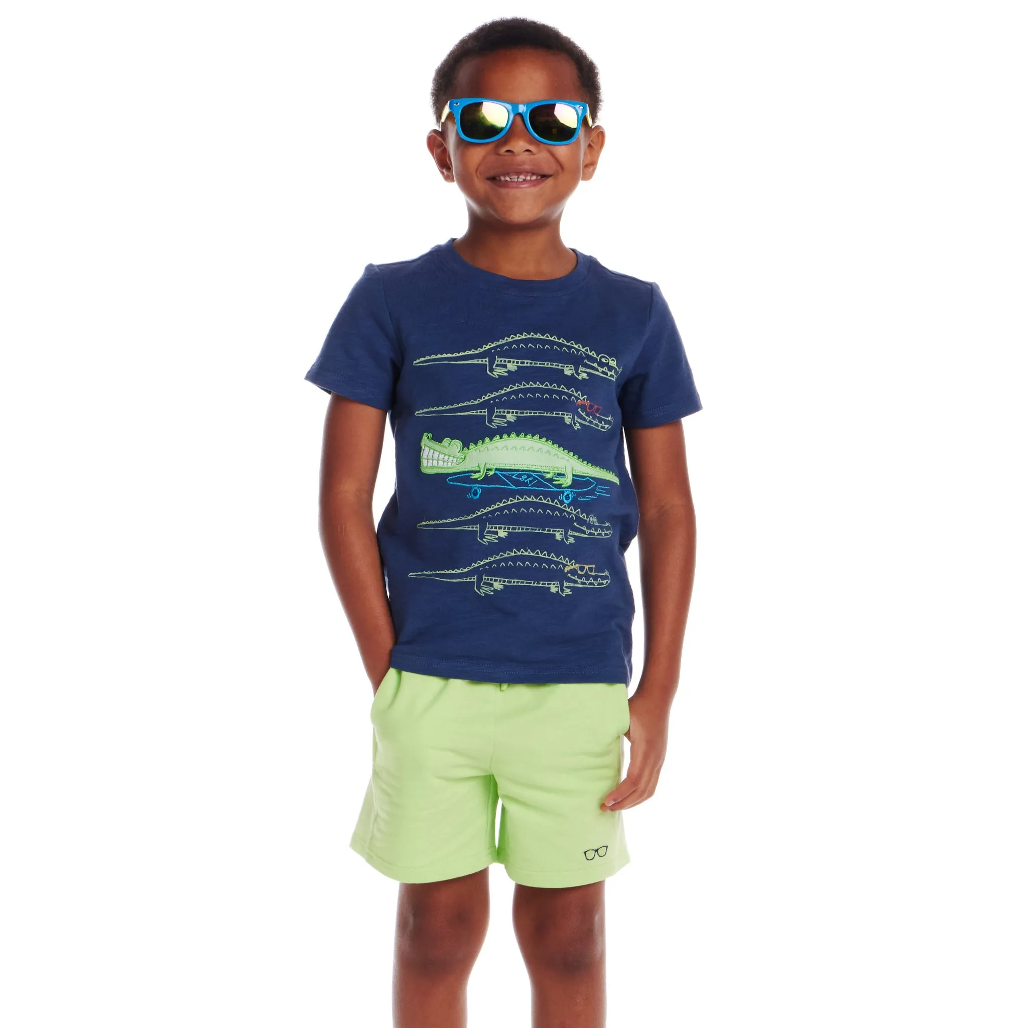Kids (2-8) Applique Graphic Tee & French Terry Rib Short Set | Navy Slub Croc