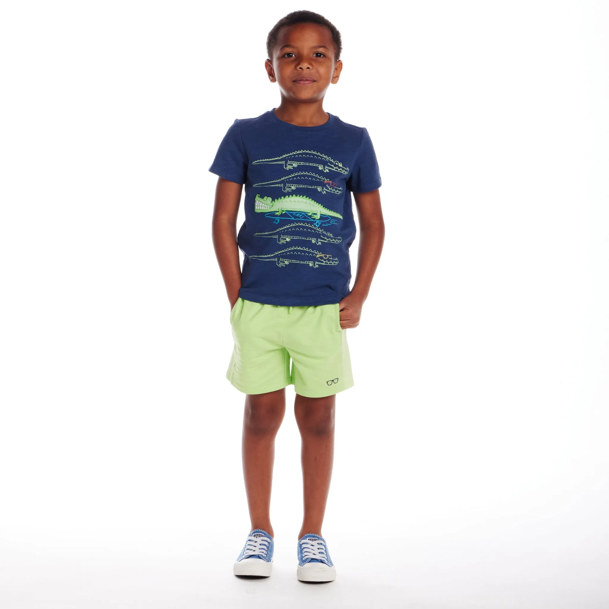 Kids (2-8) Applique Graphic Tee & French Terry Rib Short Set | Navy Slub Croc