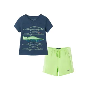 Kids (2-8) Applique Graphic Tee & French Terry Rib Short Set | Navy Slub Croc