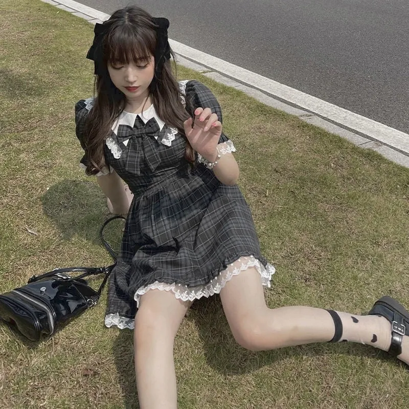 Lolita Sweet Plaid Lace Dress