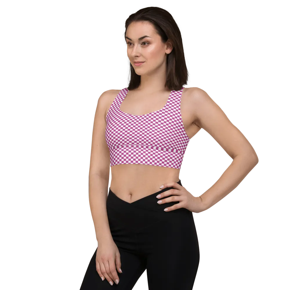 Long-line Sports Bra in pink & white checker