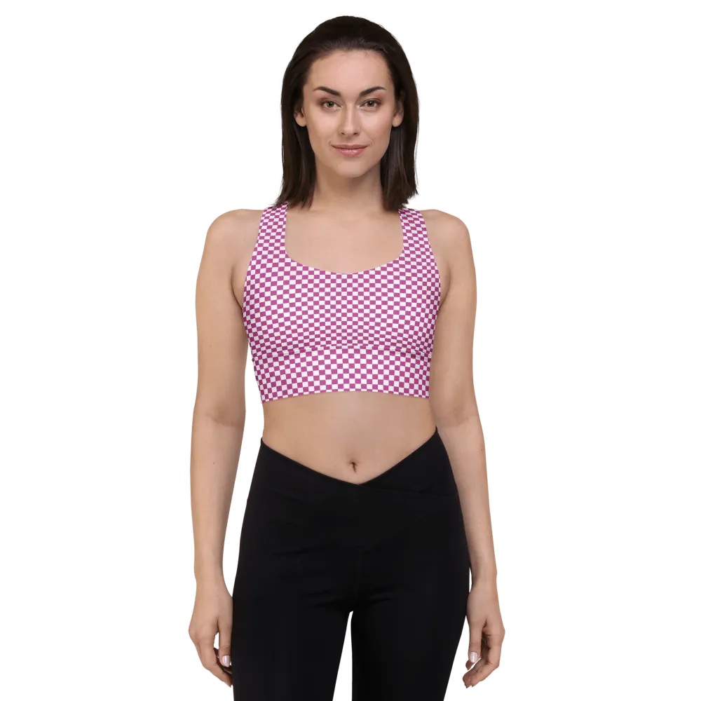 Long-line Sports Bra in pink & white checker