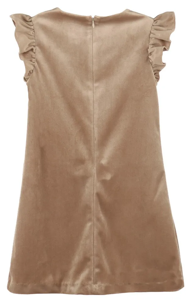 Luli & Me Maria Casero Girls Deluxe Velvet Shift Dress - Beige Champagne