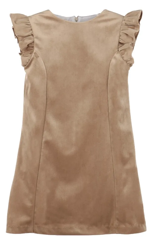Luli & Me Maria Casero Girls Deluxe Velvet Shift Dress - Beige Champagne