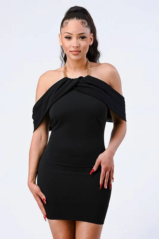 LUX GOLD CHAIN NECKLACE OFF SHOULDER OPEN BACK DRESS