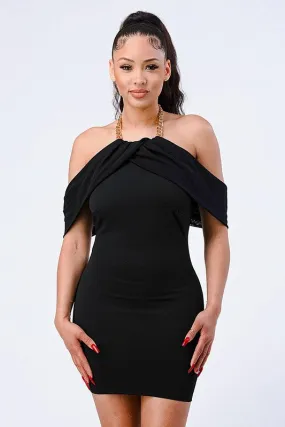 LUX GOLD CHAIN NECKLACE OFF SHOULDER OPEN BACK DRESS