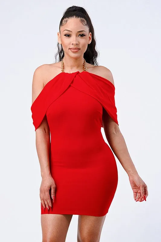 LUX GOLD CHAIN NECKLACE OFF SHOULDER OPEN BACK DRESS