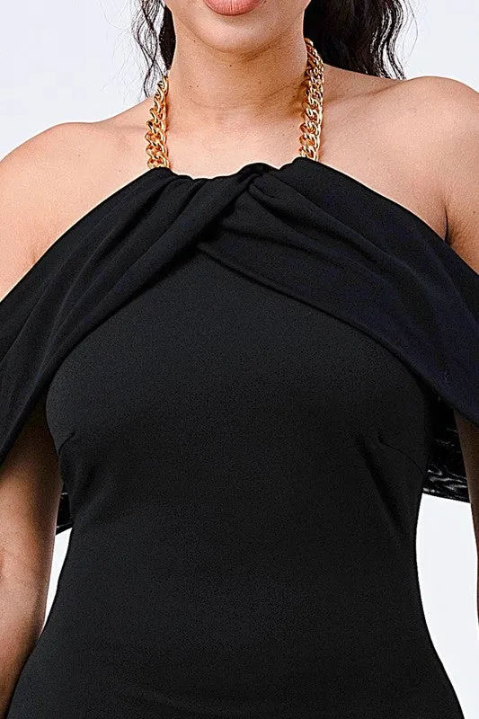LUX GOLD CHAIN NECKLACE OFF SHOULDER OPEN BACK DRESS