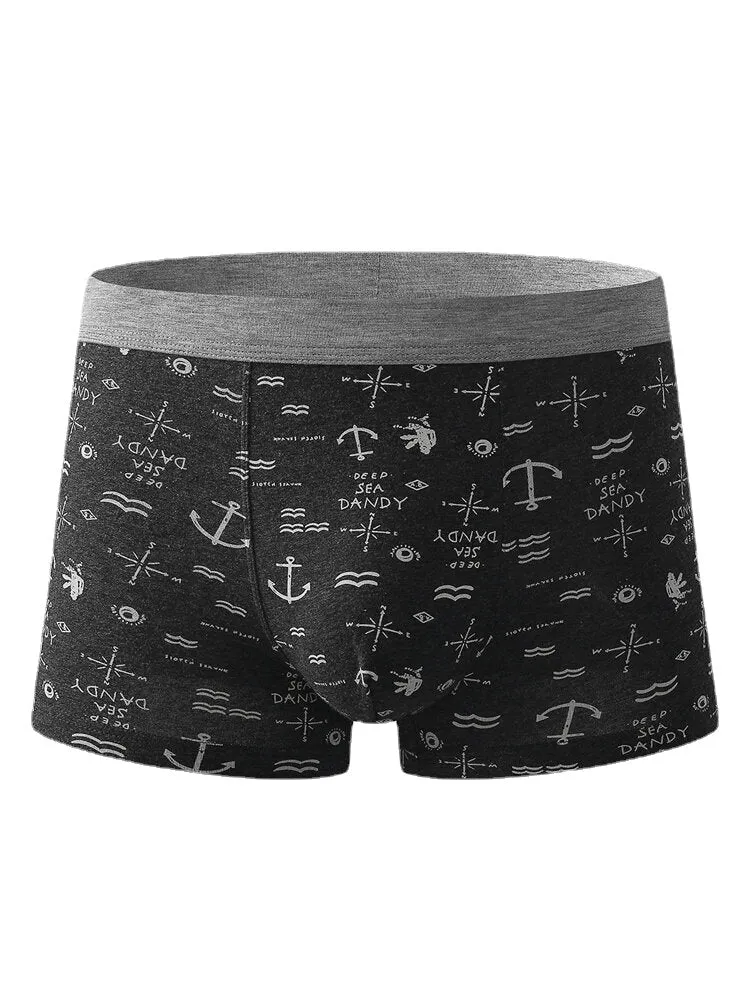 Men Cotton Anchor Print Boxer Briefs Comfortable Funny Underwear
