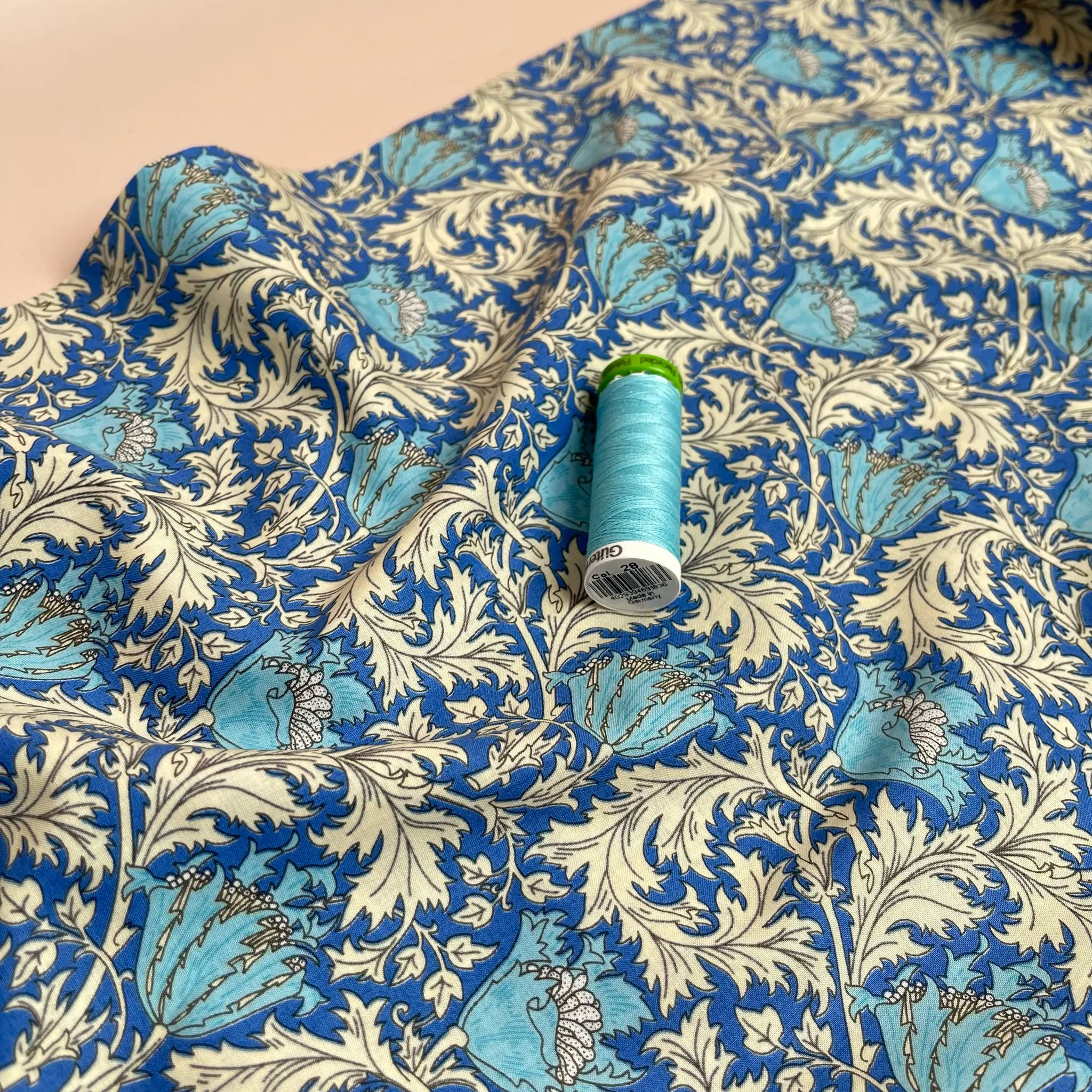 Morris Leaves on Blue Cotton Lawn Fabric