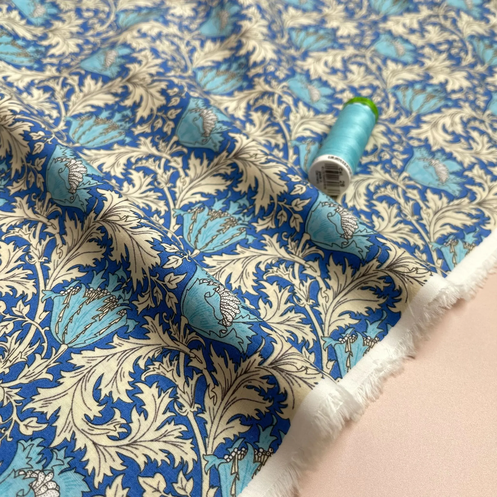 Morris Leaves on Blue Cotton Lawn Fabric