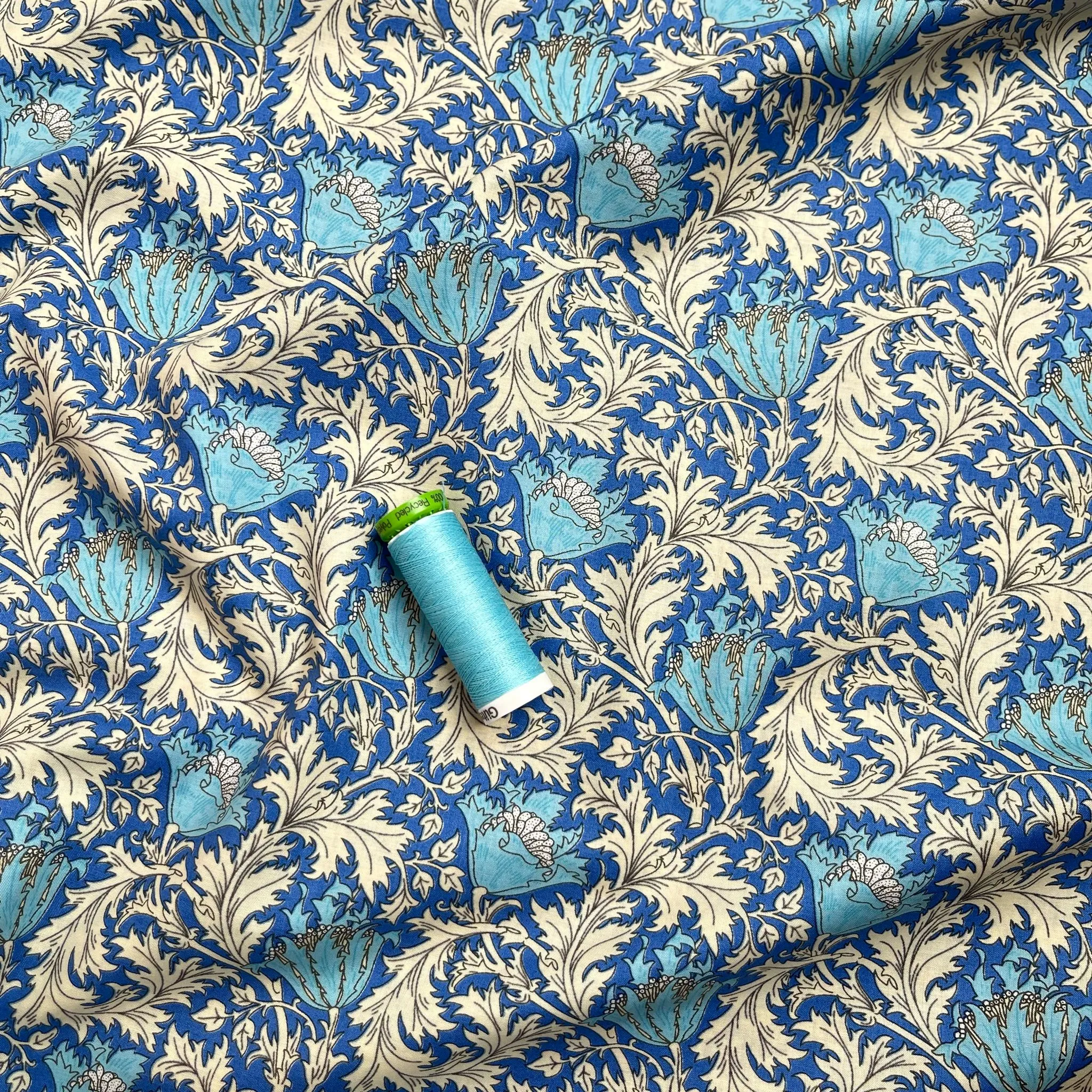 Morris Leaves on Blue Cotton Lawn Fabric