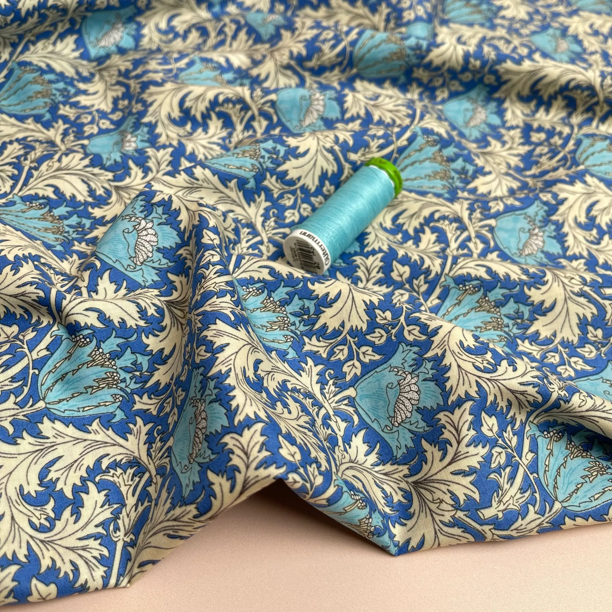 Morris Leaves on Blue Cotton Lawn Fabric
