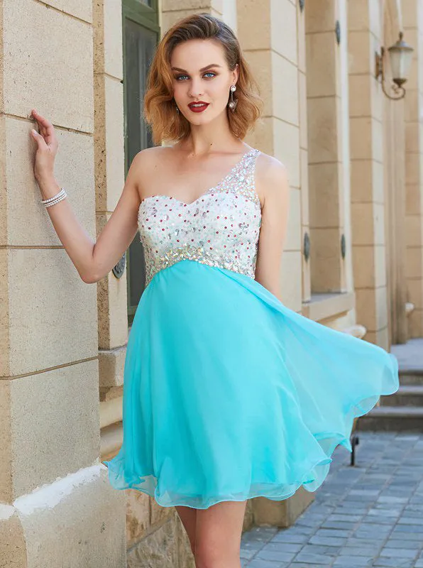 One Shoulder Empire Waist Homecoming Dresses,Short Chiffon Homecoming Dress,HC00171