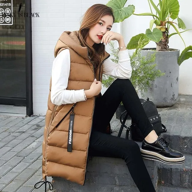 PinkyIsblack Autumn Winter Vest Women Waistcoat 2019 Female Sleeveless Vest Jacket Hooded Warm Long Vest Coat Colete Feminino
