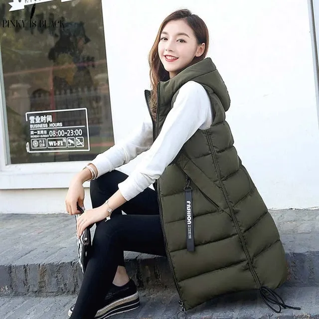PinkyIsblack Autumn Winter Vest Women Waistcoat 2019 Female Sleeveless Vest Jacket Hooded Warm Long Vest Coat Colete Feminino