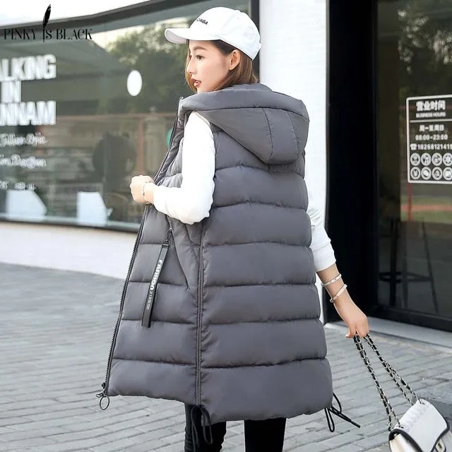 PinkyIsblack Autumn Winter Vest Women Waistcoat 2019 Female Sleeveless Vest Jacket Hooded Warm Long Vest Coat Colete Feminino